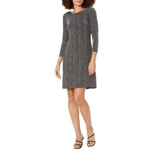 NWT Tommy Hilfiger Womens Metallic Knit Long Sleeve Shift Dress Black / Silver 8
